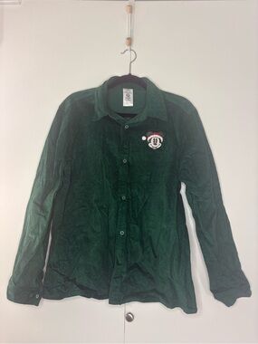 Disney Green Corduroy Long-Sleeve Button Up Holiday Santa Mickey Patch